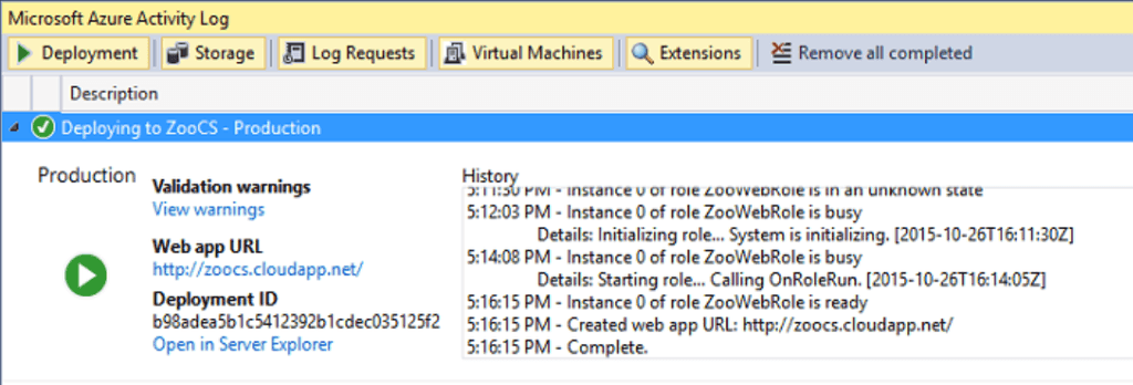 Imagen 9.- Despliegue del servicio WCF monitorizado desde Visual Studio.