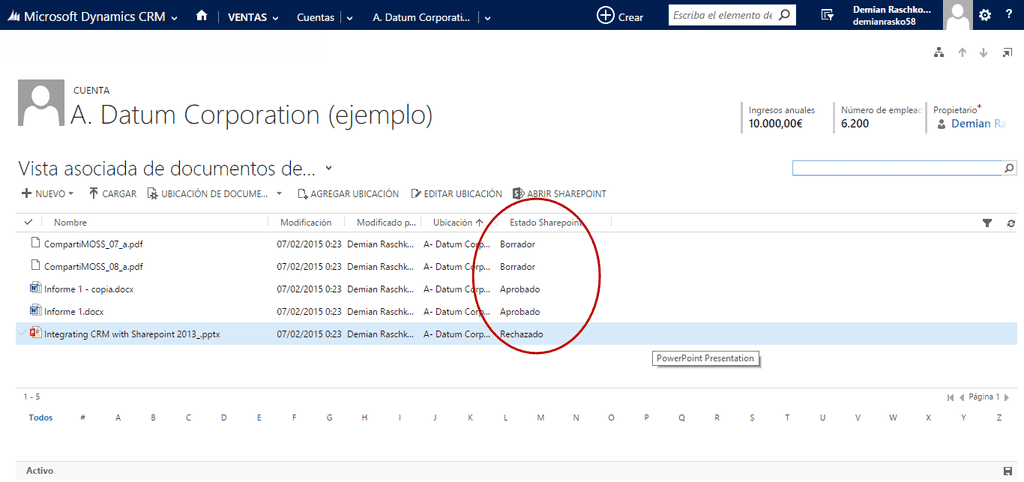 Imagen 18.- Incorporación de la columna a la vista de documentos en Dynamics CRM.