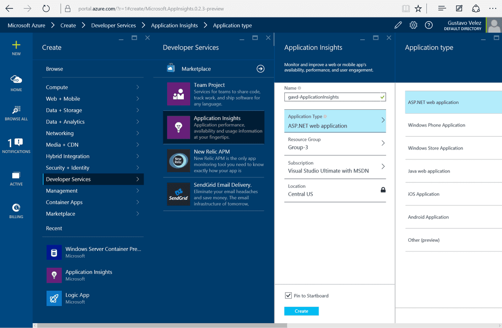 Imagen 1.- Creación de un Recurso de Trabajo de Application Insights.