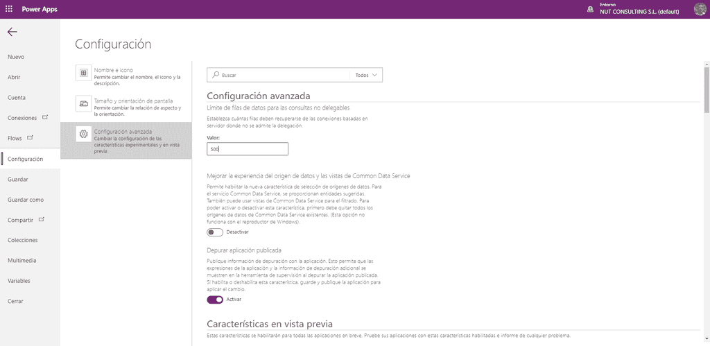 Imagen 11.- Configuración avanzada de una Power App.