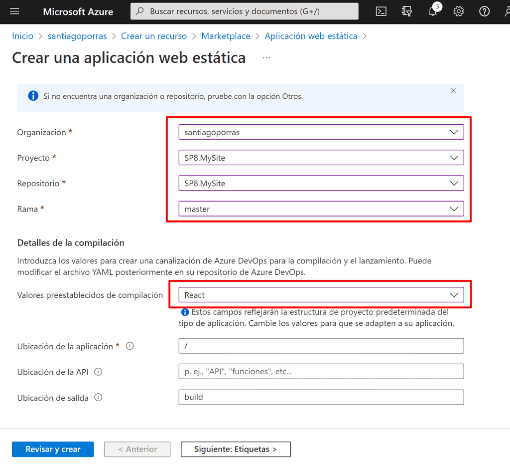 Imagen 8 - Configurar repositorio de Azure DevOps para despliegue de Azure Static Web App