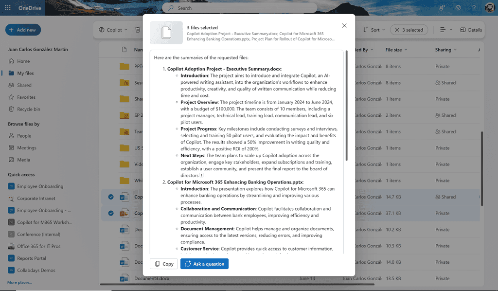 Imagen 5.- Resumir varios archivos seleccionados con Copilot para OneDrive.