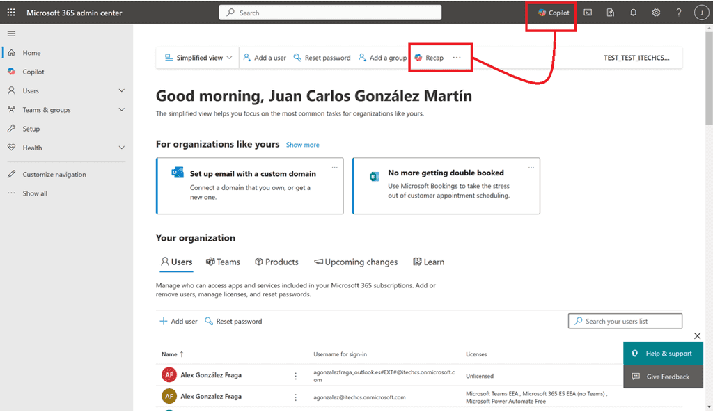 Imagen 1.- Accediendo a Copilot para administrar Microsoft 365.