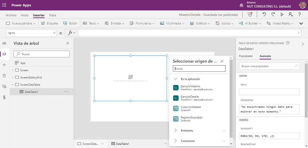 Imagen 5.- Control de tipo DataTable.