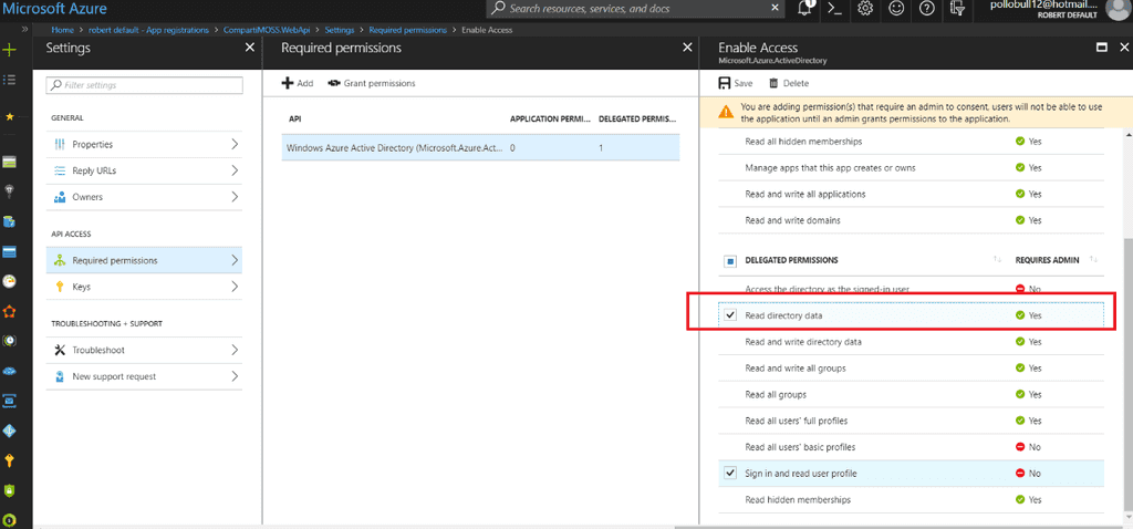 Imagen 6.- Configuración de los permisos para la API REST.