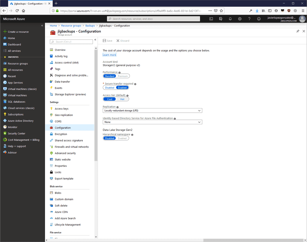 Imagen 1.- Configuración de cuenta de Storage.