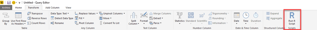 Imagen 18.- Opción Run R Script en la pestaña Transform.