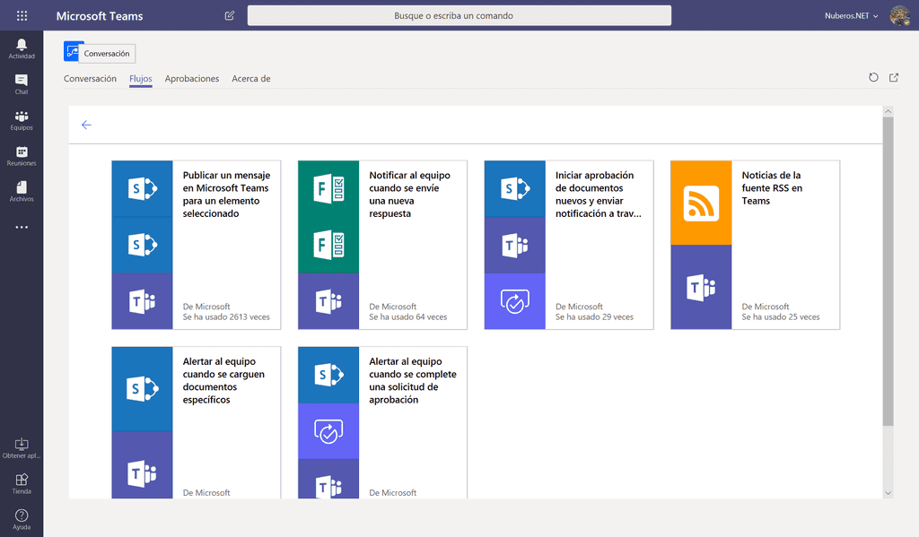 Imagen 13.- Plantillas por defecto de Microsoft Teams en la App de Flow.