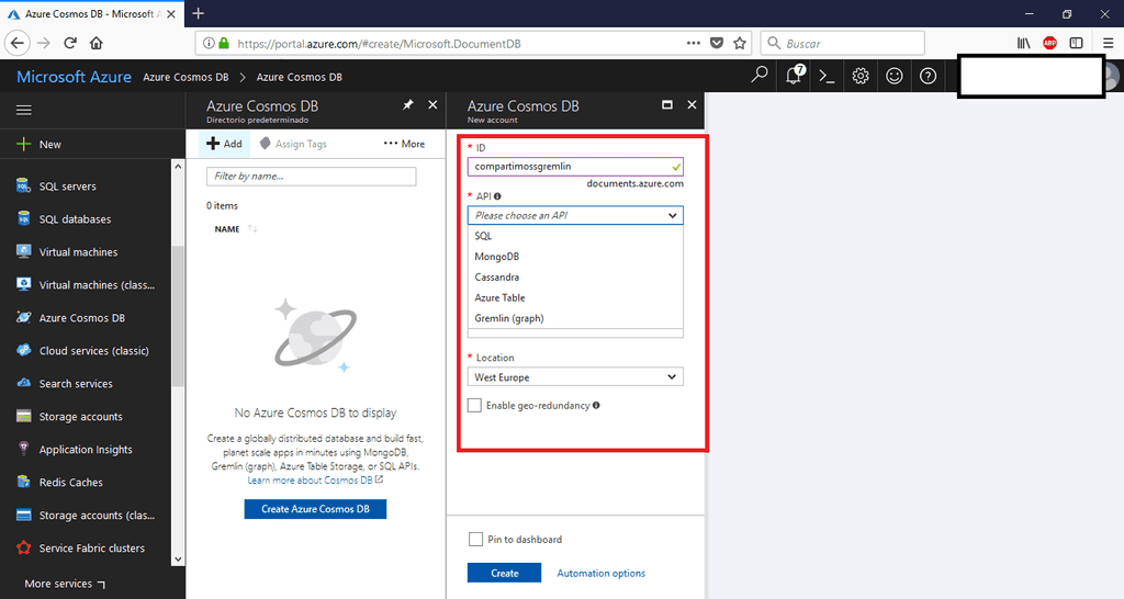 Imagen 1.- Creando Cosmos DB Gremlin(graph).