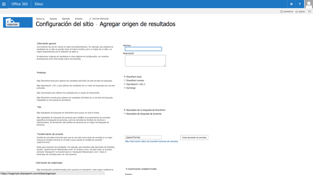 Creación del origen de resultados