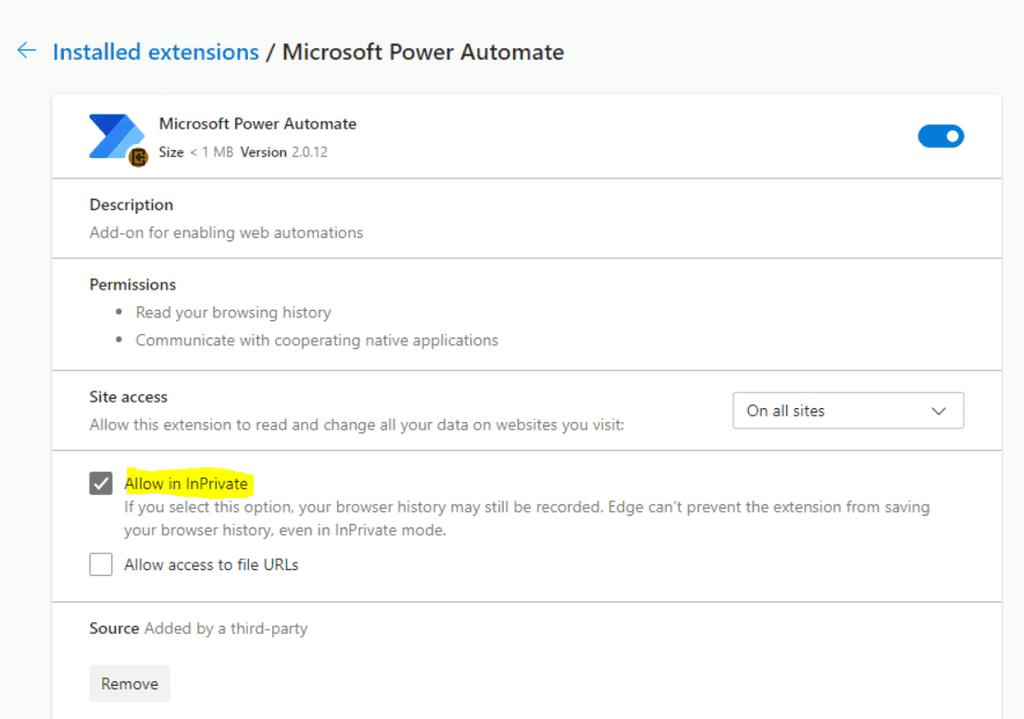 Imagen 36.- Configurando la extension de Power Automate Desktop para Edge.