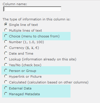 Muestra los tipos de columnas de una lista o biblioteca disponibles en SharePoint 2010