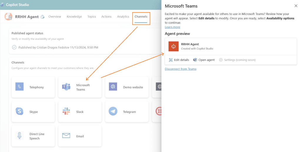 Imagen 2.- Configuración del canal de MS Teams en Copilot Studio.
