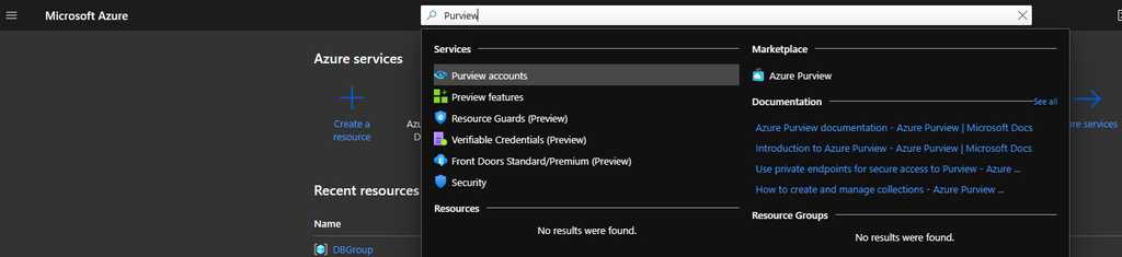 Imagen 1.- Buscando Purview en el portal de Azure.