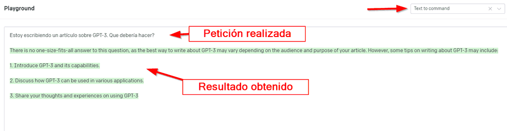Imagen 4.- Resultados con GPT-3 modificando el preset a "convertir a un comando".