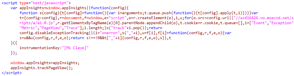 Imagen 3.- Código de JavaScript para utilizar Application Insights.