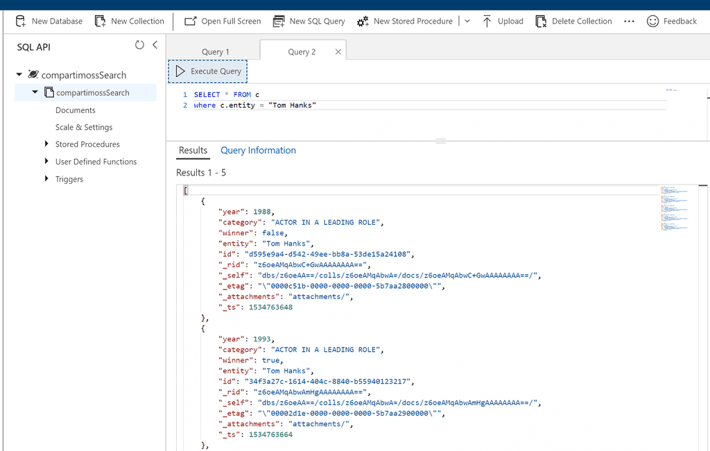 Imagen 8.- Query de prueba sobre Cosmos DB.