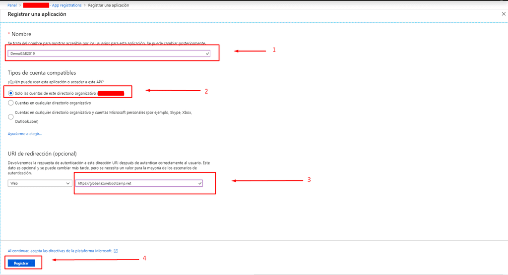 Imagen 3.- Registro de una nueva aplicación en AD.