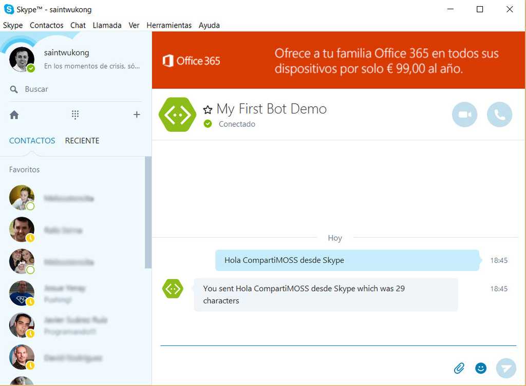 Imagen 21.- Conversación con el Bot a través de Skype.