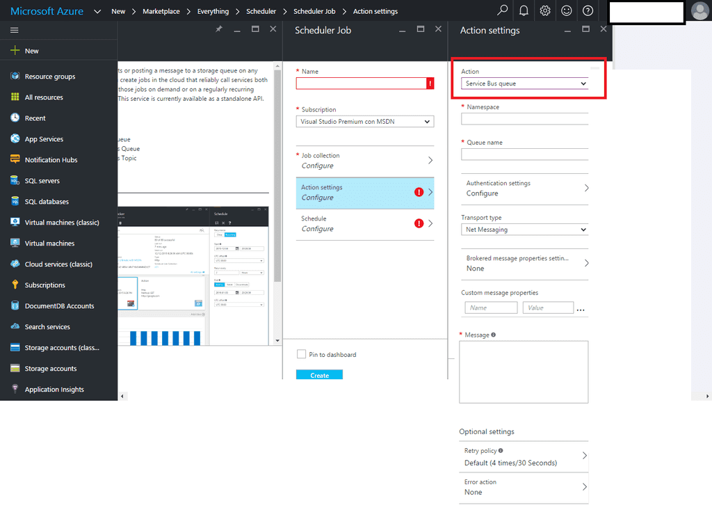 Figura 5.- Job con tipo de acción Service Bus queue.