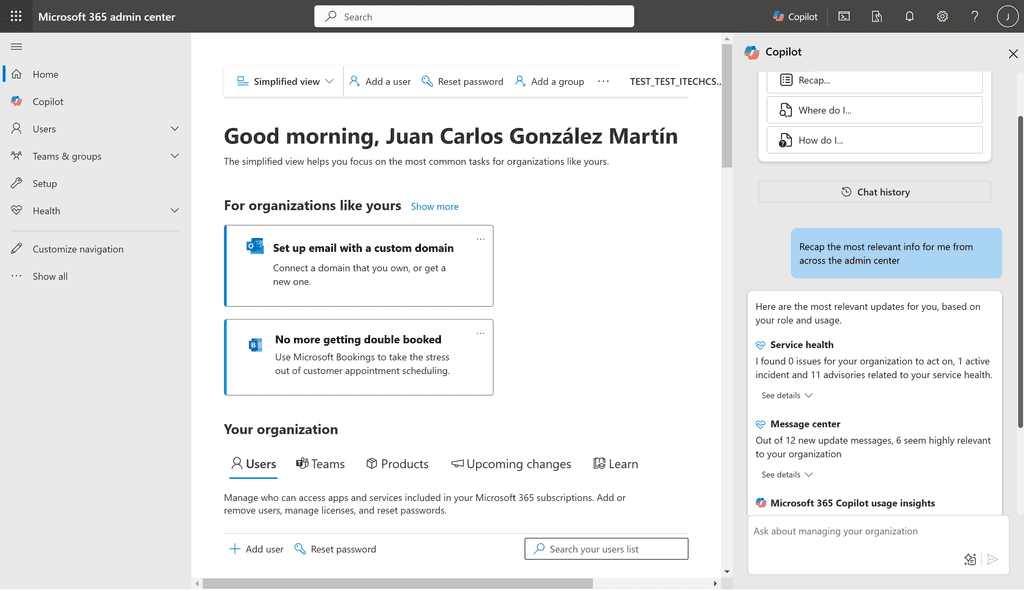 Imagen 2.- Recap con Copilot en el Admin Center de Microsoft 365.