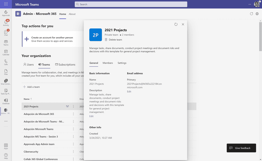 Imagen 7.- Visualizando el detalle de un Team de Microsoft Teams.