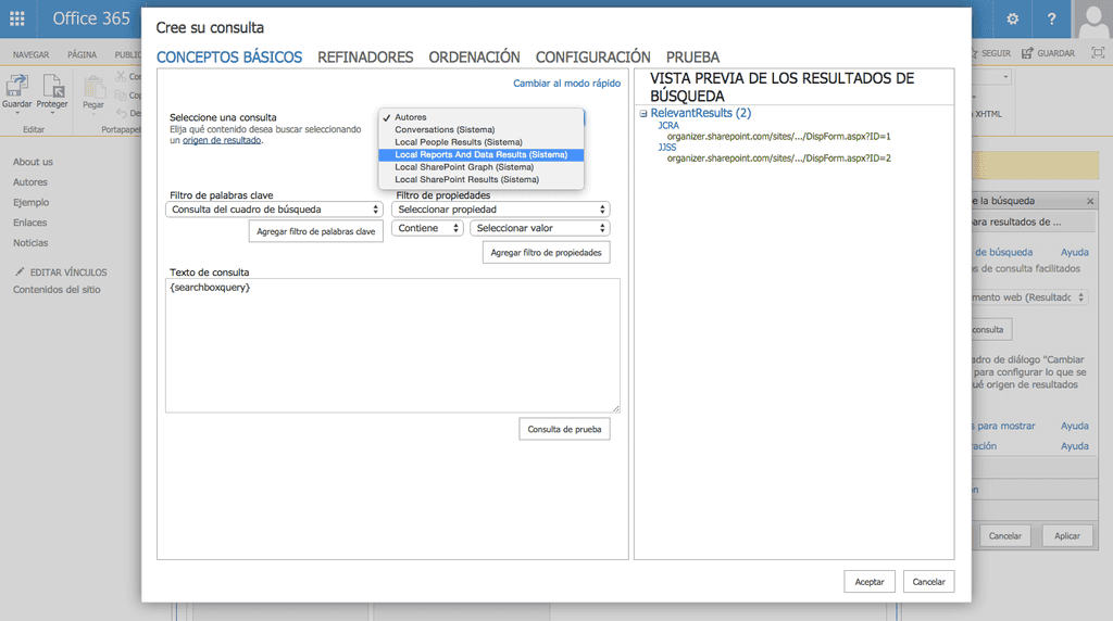 Imagen 7.- Pantalla de configuración de la consulta del Content Search WebPart.