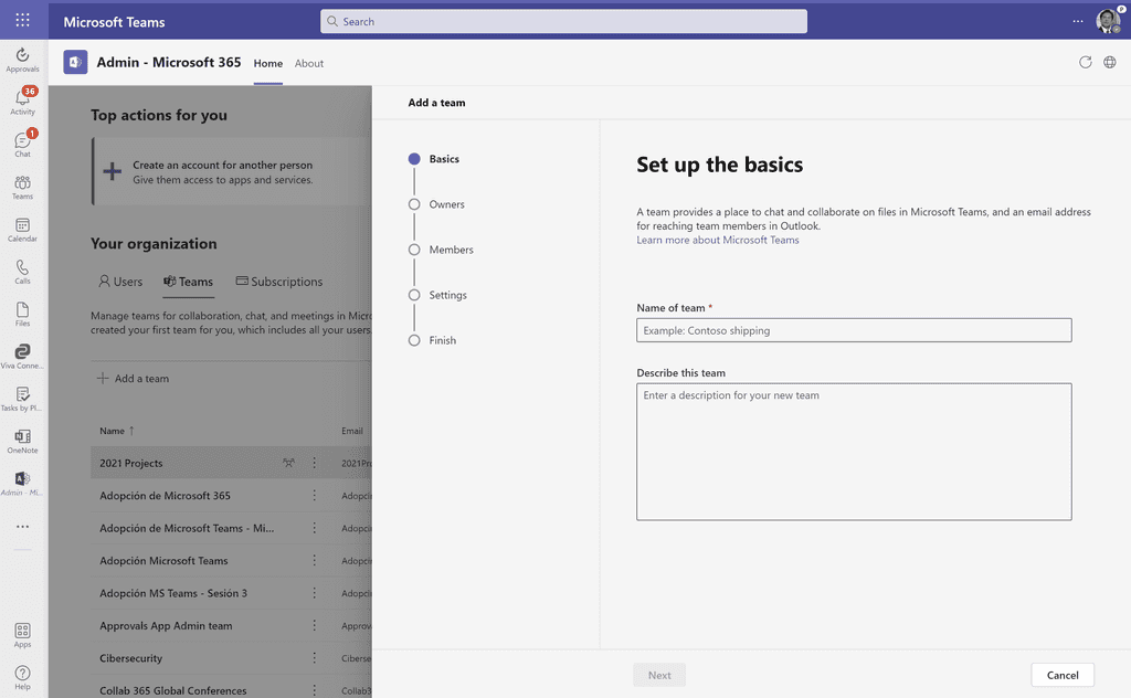 Imagen 8.- Experiencia de usuario para crear un Team desde la Admin -- Microsoft 365 App.
