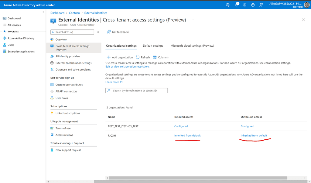 Imagen 8.- Acceso a las configuraciones de colaboración externa entrante y saliente en Azure AD direct Connect.