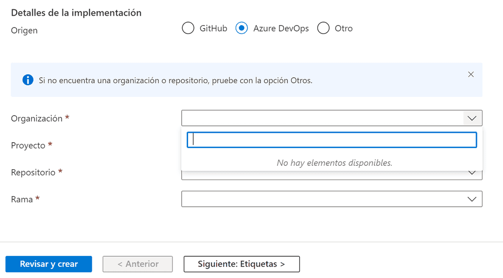 Imagen 3 - Selección de repositorio de Azure DevOps sin datos