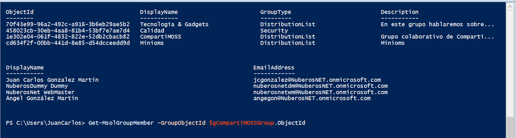 Imagen 7.- Grupos y miembros de un grupo obtenidos con los comandos Get-MsolGroup y Get-MsolGroupMember.