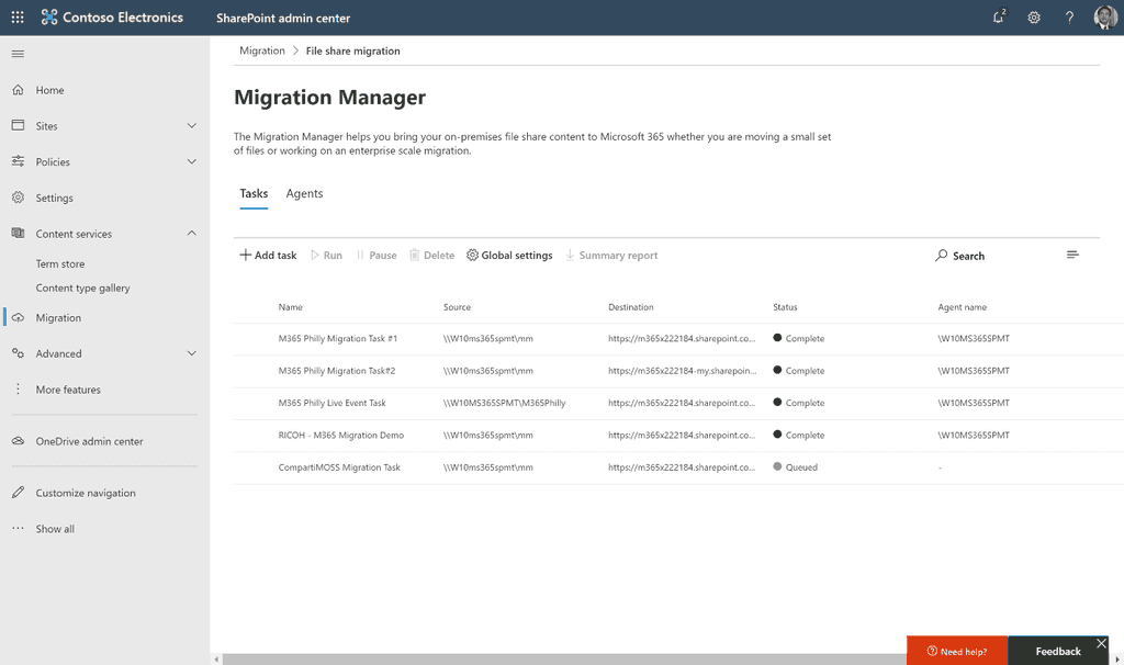 Imagen 13.- Tareas de migración en el Migration Manager.