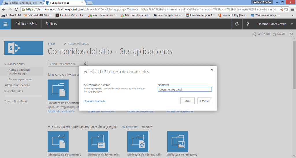 Imagen 3.- Creación de la biblioteca de documentos en SharePoint.