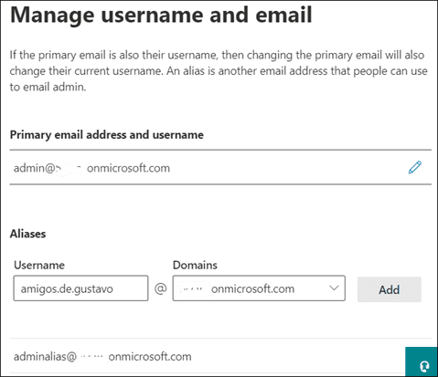 Imagen 2.- Añadiendo un nuevo alias a un buzón existente desde la Administración de Microsoft 365.