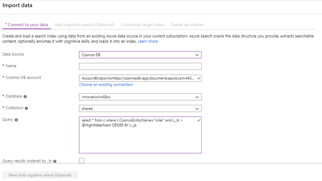 Imagen 1.- Configuración básica del servicio de Azure Search.