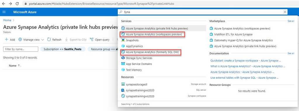 Imagen 1.- Servicios de Azure Synapse Analytics disponibles.