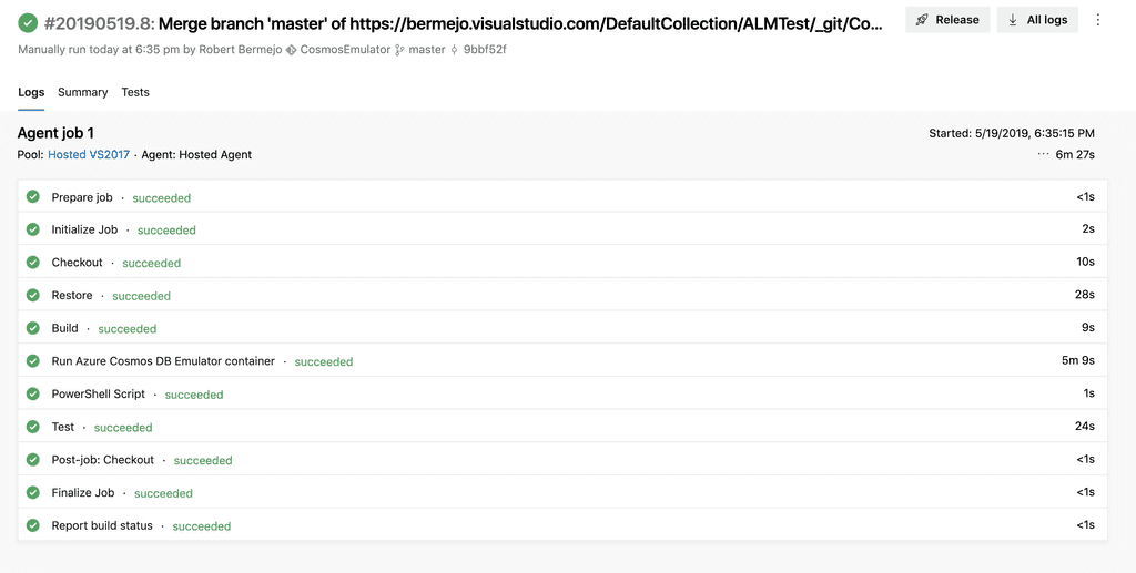 Imagen 5.- Build con los Integration Tests contra CosmosDB.