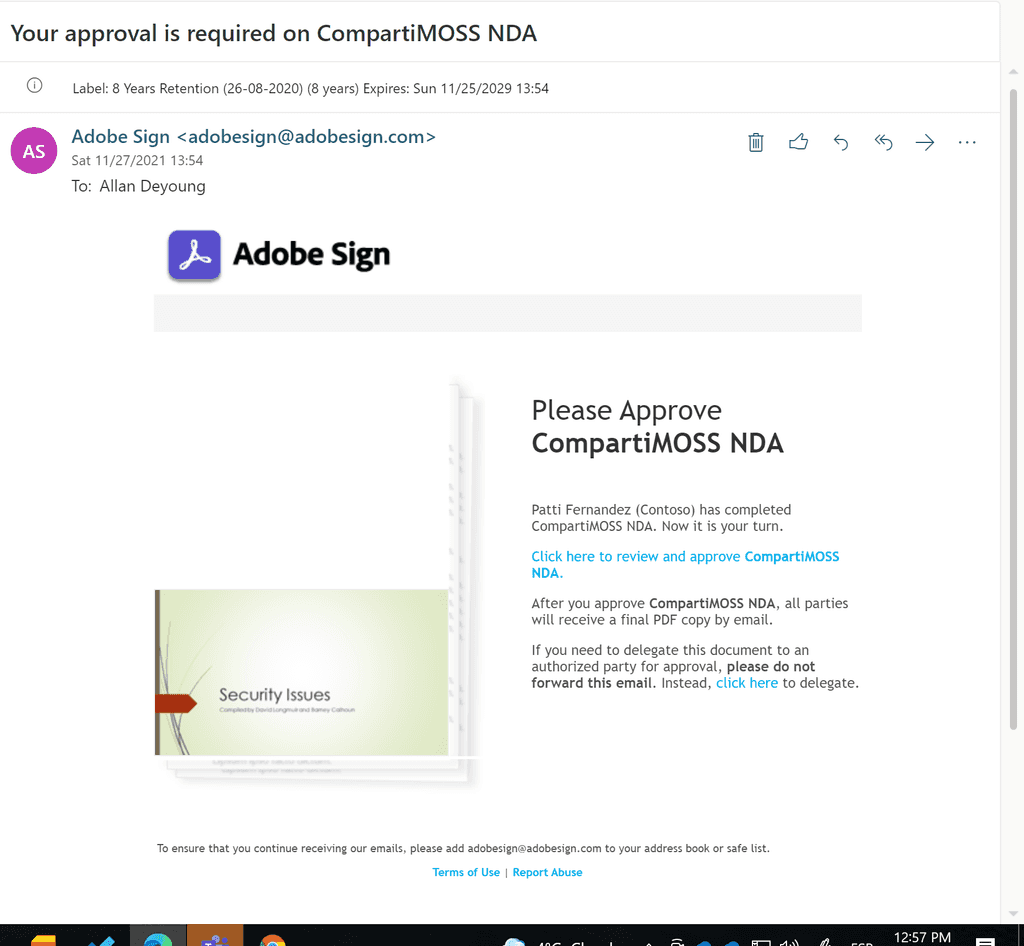 Imagen 8.- Notificación para realizar Aprobación recibida vía e-mail de Adobe Sign.