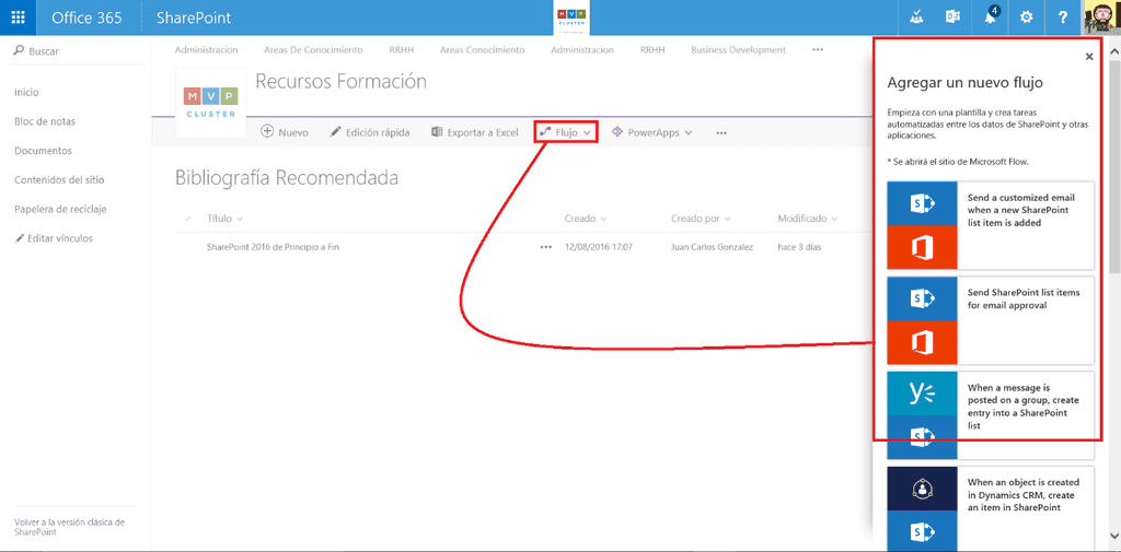 Imagen 6.- Integración de Microsoft Flow en Listas de SPO.