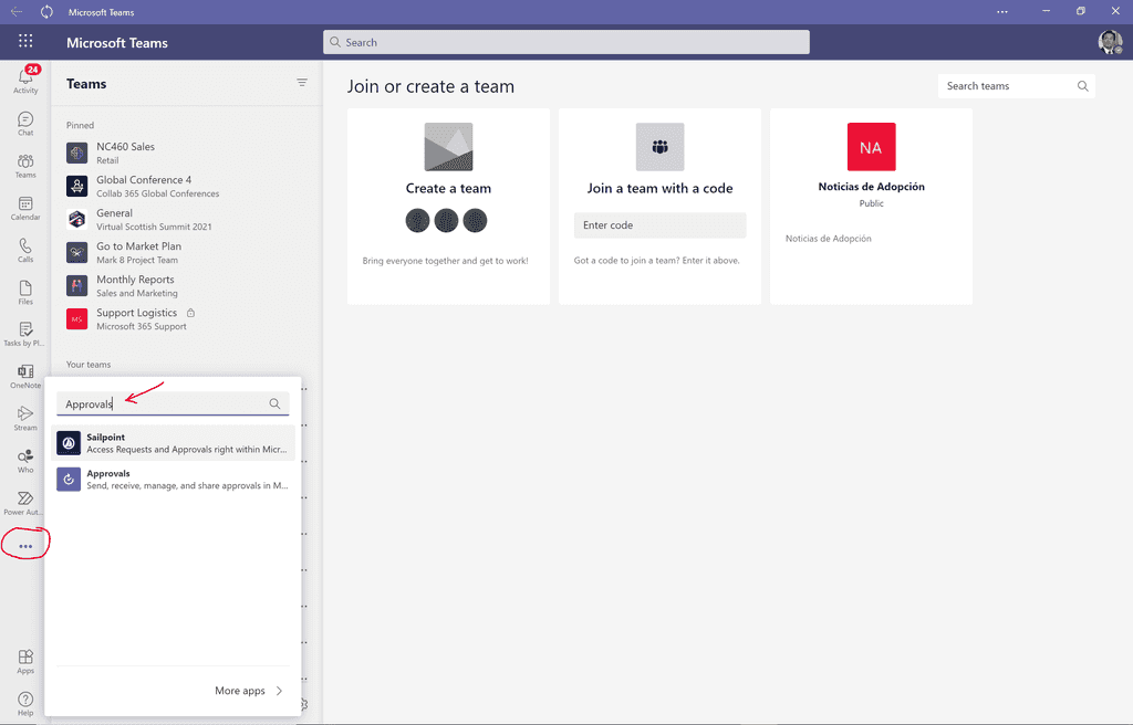 Imagen 1.- Accediendo a la App de Approvals en Teams.