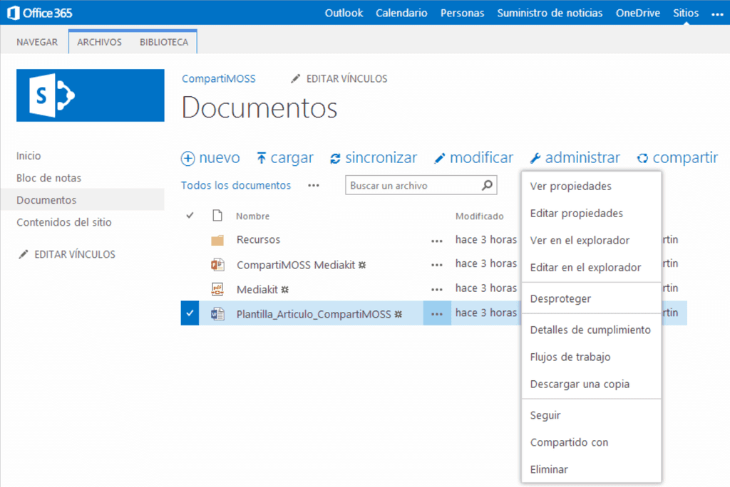 Imagen 4.- Opciones del menú de elemento de biblioteca desplegadas con la opción “administrar”.