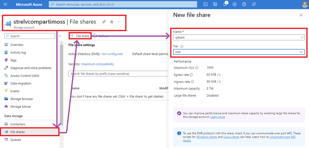 Imagen 11.- Donde encontrar las claves del Azure Storage Account, necesarias para crear la vinculación del Azure File Share como volumen en el Azure Container Environment.