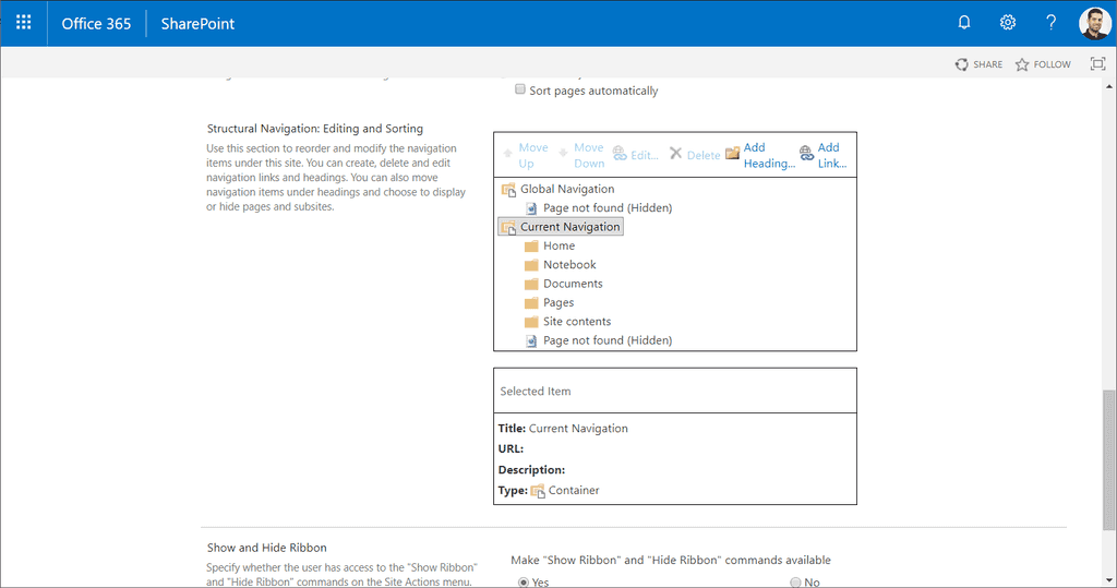 Image 4.- Modifying navigation settings in the site.