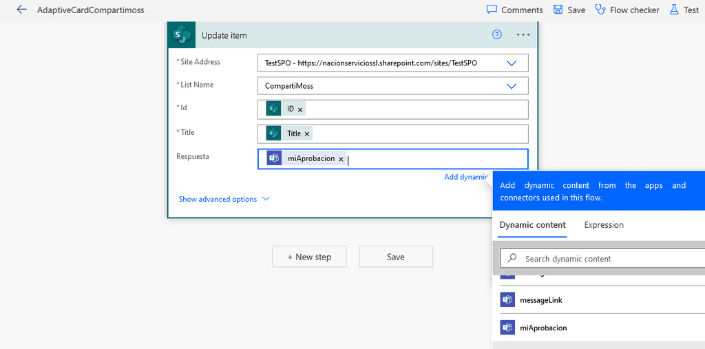 Imagen 4.- Configuración de la acción Update Item.