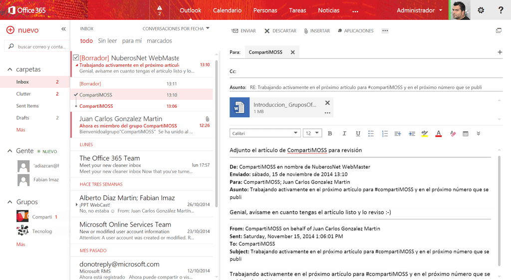 Imagen 6.- Ejemplo de respuesta a una conversación del Grupo vía correo electrónico.