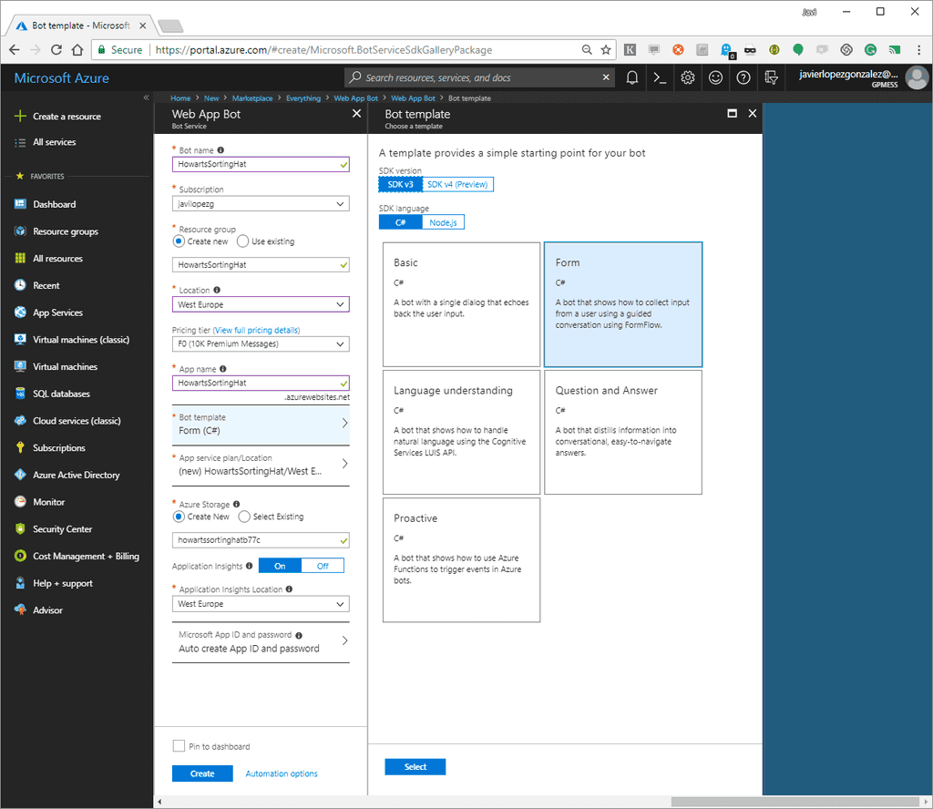 Imagen 1. - Formulario de creación de Web App Bot con detalle de selección de plantilla