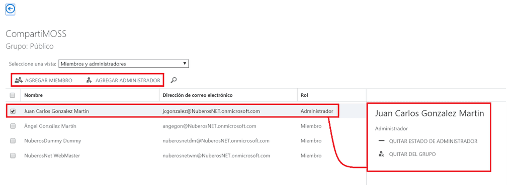 Imagen 4.- Listado de los miembros del Grupo desde el portal de Administración de Office 365.