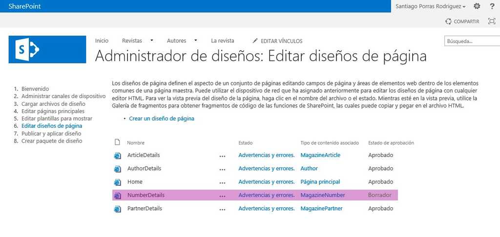 Listado de diseños de página disponibles tras crear NumberDetails