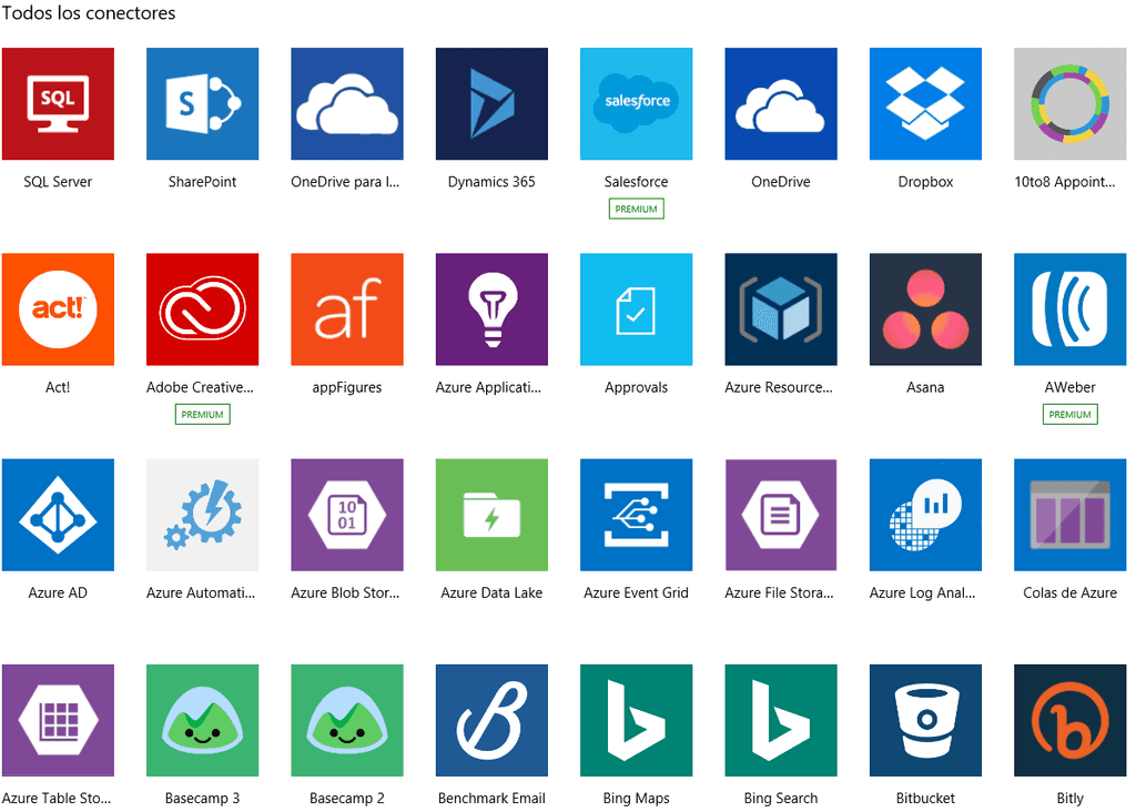 Imagen 1.- Conectores disponibles en Microsoft Flow.