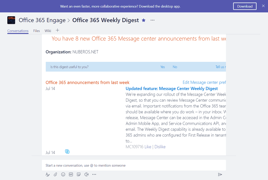 Imagen 6.- Resumen semanal de cambios recibido en un canal de Microsoft Teams.